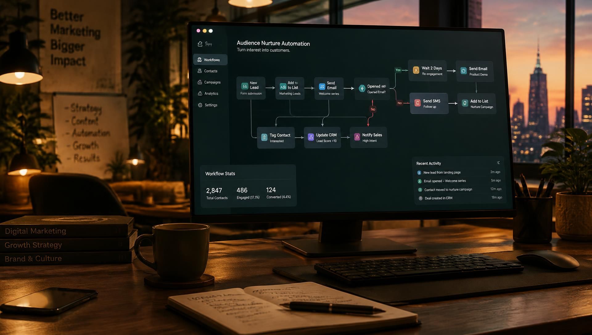 AI automation workflow dashboard connecting leads, follow-ups, and CRM updates for a local business